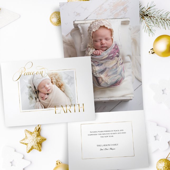 Carte De Fin D'année Trois Volets Elegant Gold Peace on Earth Photo (Créateur téléchargé)