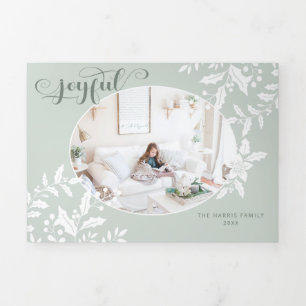 Carte De Fin D'année Trois Volets Élégant Holly Blanc sur Vert avec Calligraphie Pho