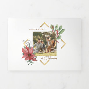 Carte De Fin D'année Trois Volets Elégante aquarelle Poinsettias avec cadre or photo