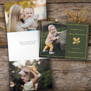 Carte De Fin D'année Trois Volets Élégante photo minimaliste verte/or