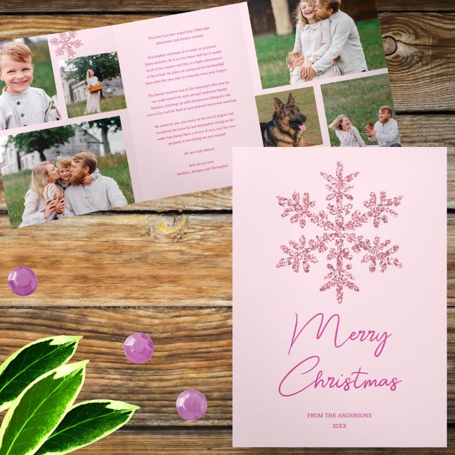 Carte De Fin D'année Trois Volets Flocon de neige rose Glam 6 Pic Joyeux Multi Photo (Add your photos and personalized text for one of a kind pink snowflake holiday greeting cards)