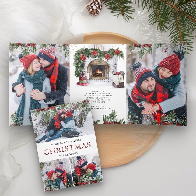 Carte De Fin D'année Trois Volets Foyer Floral Poinsettia Photo Noël (Créateur téléchargé)