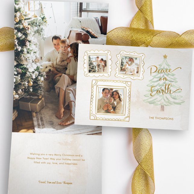 Carte De Fin D'année Trois Volets Fun Gold Doodle Frame Peace on Earth 3-Photo (Créateur téléchargé)