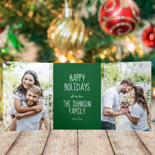 Carte De Fin D'année Trois Volets Green Happy Holidays 4 Family Photo Modern Festive