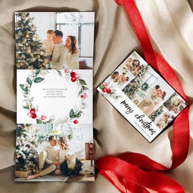 Carte De Fin D'année Trois Volets Joyeux Noël Berry Feuille Photo (Créateur téléchargé)