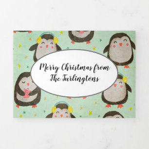 Carte De Fin D'année Trois Volets Joyeux pingouins portant des chapeaux de Père Noël