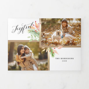 Carte De Fin D'année Trois Volets Joyeux Script Botanique 2-Photo avec cadre Or