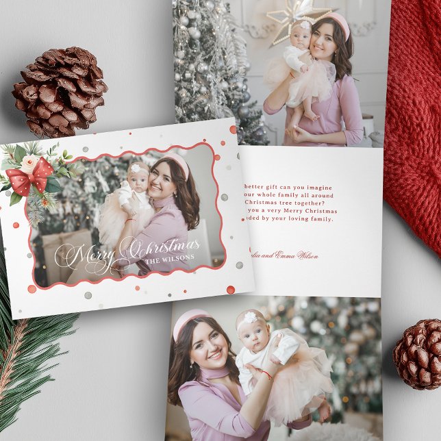 Carte De Fin D'année Trois Volets Merry Christmas Coquette Bow, Ribbon Frame 1 Photo (Créateur téléchargé)
