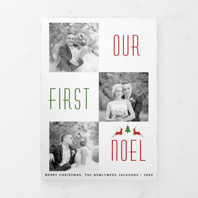 Carte De Fin D'année Trois Volets Notre premier cerf Noel arbre jeunes mariés photo  (Page de couverture)