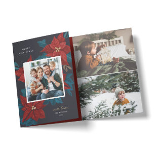 Carte De Fin D'année Trois Volets Photo de Noël aux Poinsettias Peints