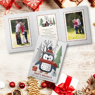 Carte De Fin D'année Trois Volets Pingouin d'hiver et arbres Noël multi photo