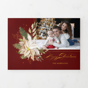 Carte De Fin D'année Trois Volets Poinsettia blanche, Verdure or Calligraphie