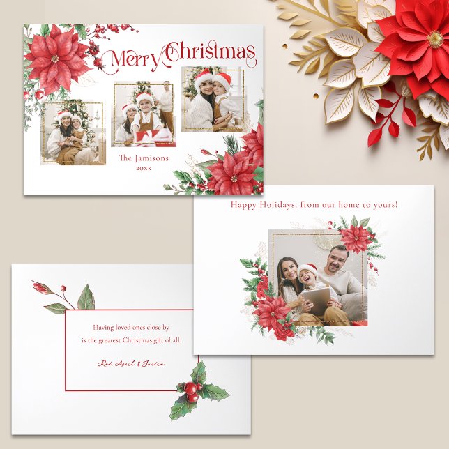 Carte De Fin D'année Trois Volets Poinsettia & Joyeuse typographie de Noël 3 photos (Créateur téléchargé)