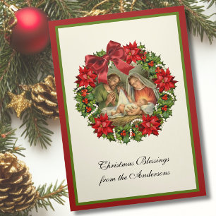 Carte De Fin D'année Trois Volets Religieux Jésus Marie Joseph Nativité Poinsettia