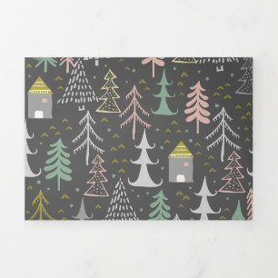 Carte De Fin D'année Trois Volets Tableau noir Arbres de Noël et Maisons Jaune rose