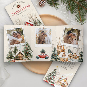 Carte De Fin D'année Trois Volets Village d'hiver aquarelle rustique 4 Photo Noël