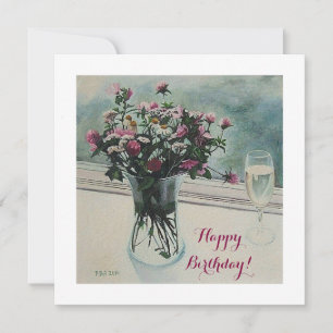 Carte de fleurs roses vintages d'anniversaire par 
