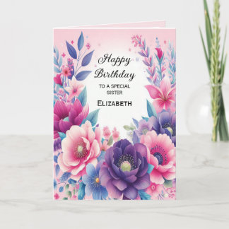Carte de fleurs roses violettes bleues lumineuses