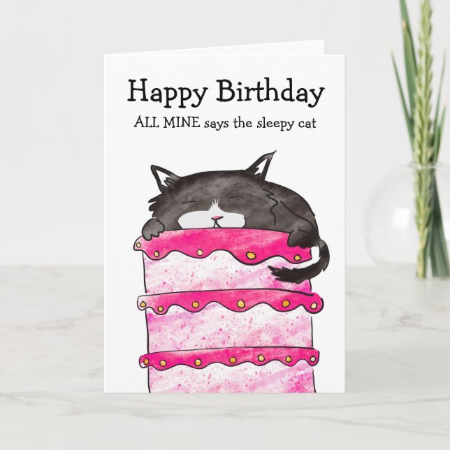 Carte de gâteau d'anniversaire de chat endormi (Devant)