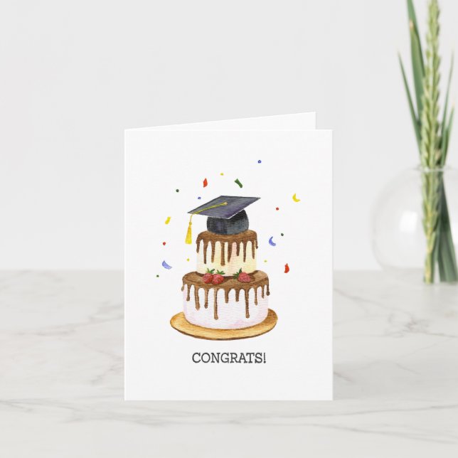 Carte de Graduation, Casquette Aquarelle Avec Gâte (Devant)
