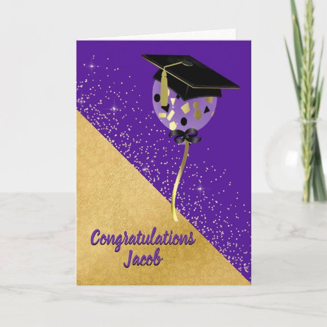 Carte de graduation élégante violet et or (Devant)