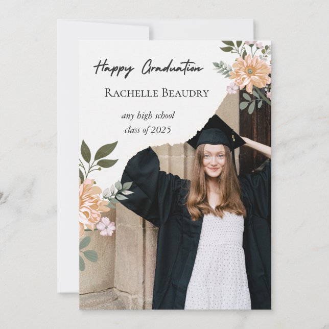 Carte de graduation neutre Beige Floral Élégante (Devant)