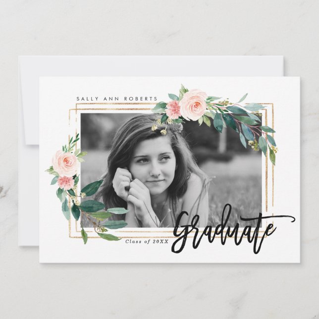 carte de graduation photo couleur or bleu vert (Devant)