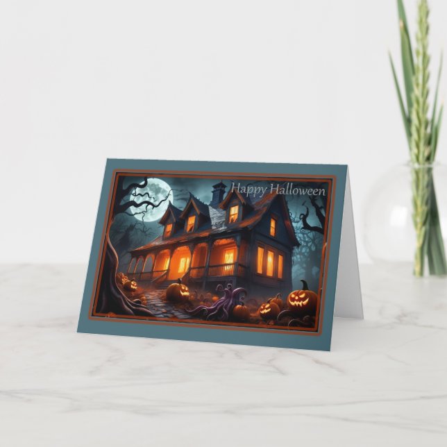 Carte de Halloween avec Tentacules et Maison Hanté (Devant)