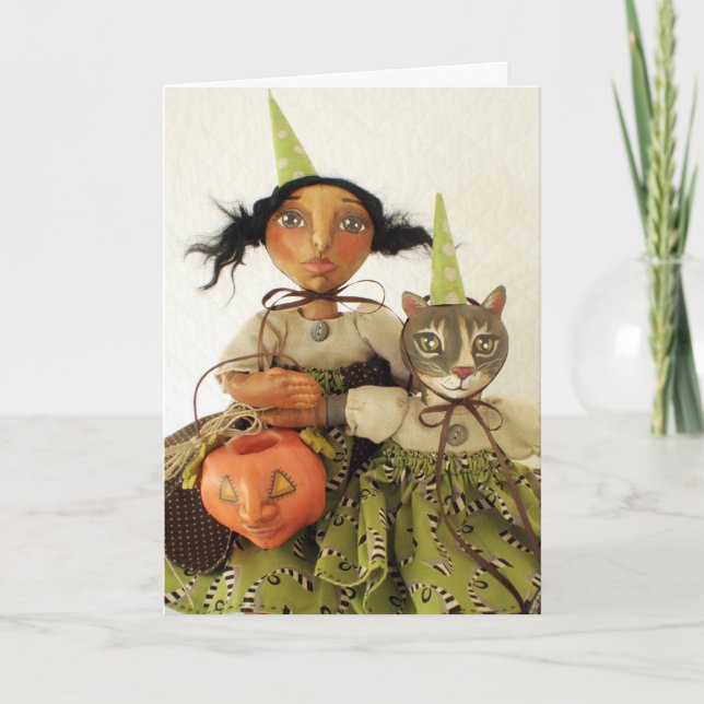 Carte de Halloween de fille et de chat de partie (Devant)