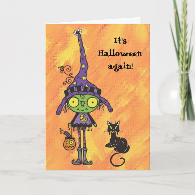 Carte de Halloween de sorcière et de chat noir (Devant)