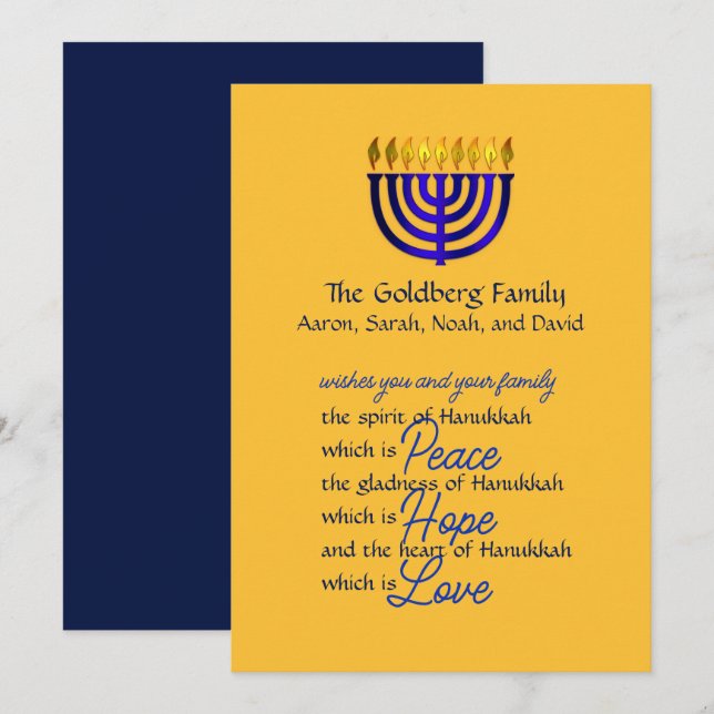 Carte de Hanukkah Menorah Bleue (Devant / Derrière)