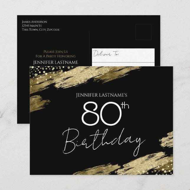 Carte de invitation pour 80e anniversaire en or et (Devant / Derrière)