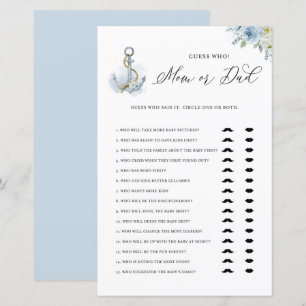 Carte de jeu Baby shower Ancre bleue Maman ou Papa