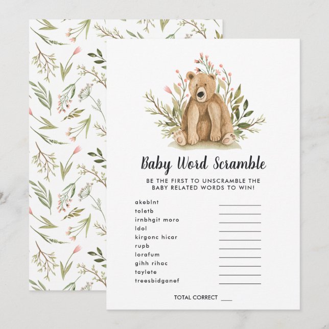Carte de jeu baby shower Word Scramble (Devant / Derrière)