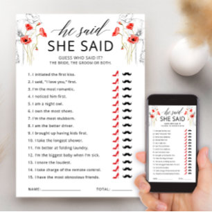 Carte de jeu de baby shower floral 'Il a dit, elle