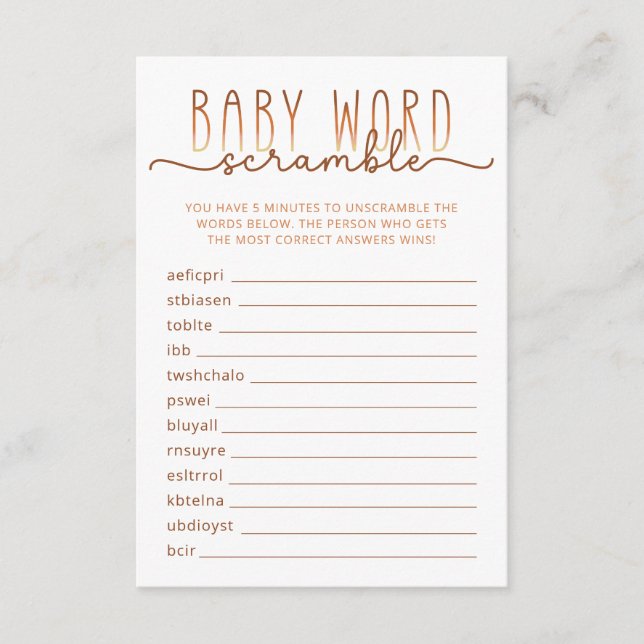 Carte de jeu de Baby shower Word Scramble neutre (Devant)
