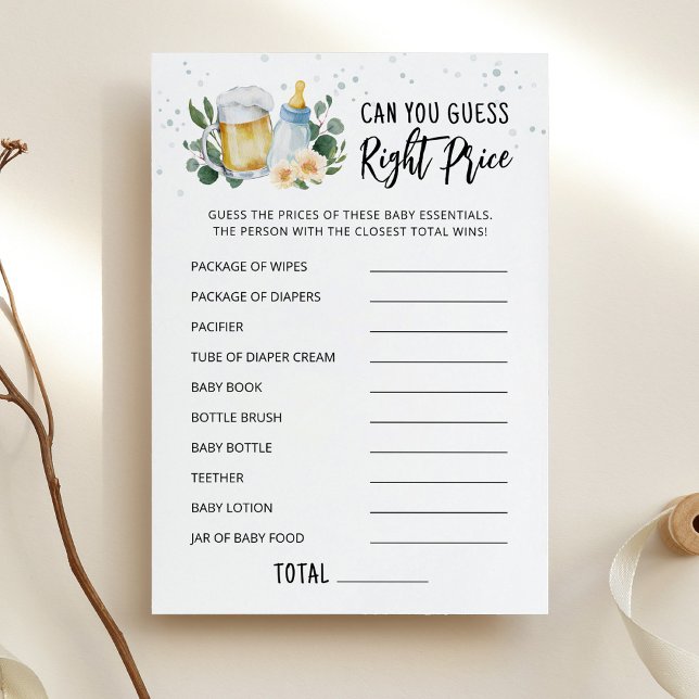 Carte de jeu de devinette de prix de bébé (Beer and Floral Baby Shower Game Can You Guess Right Price Game)
