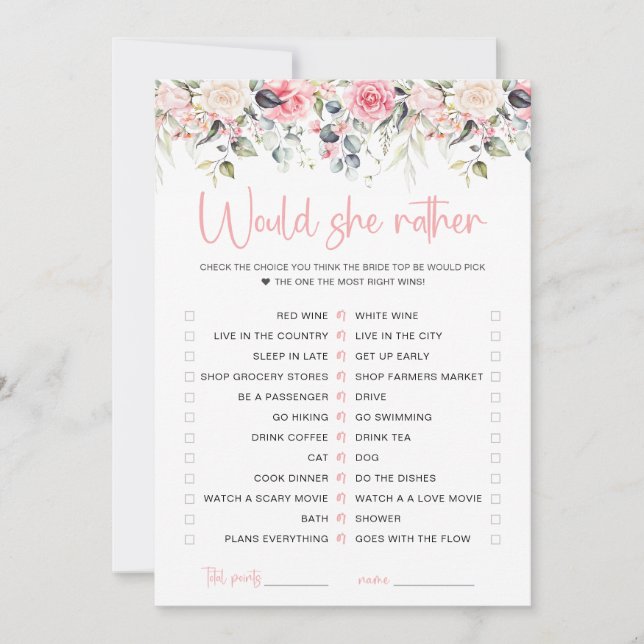 Carte de jeu de mariage 'Blush Floral Would She Ra (Devant)