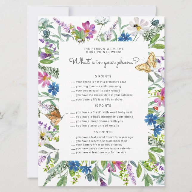 Carte de jeu de téléphone à Baby shower floral lar (Devant)