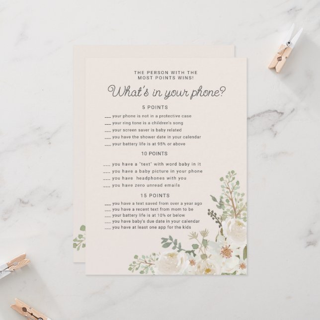 Carte de jeu de téléphone de Baby shower floral iv (Devant/Arrière en situation)