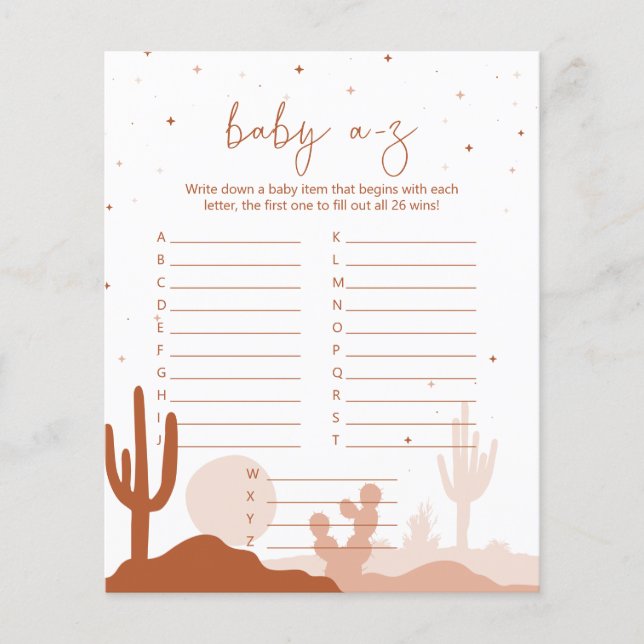 Carte de jeu Desert Baby shower A-Z (Devant)