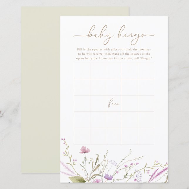 Carte de jeu fleur sauvage Meadow Baby Bingo (Devant / Derrière)