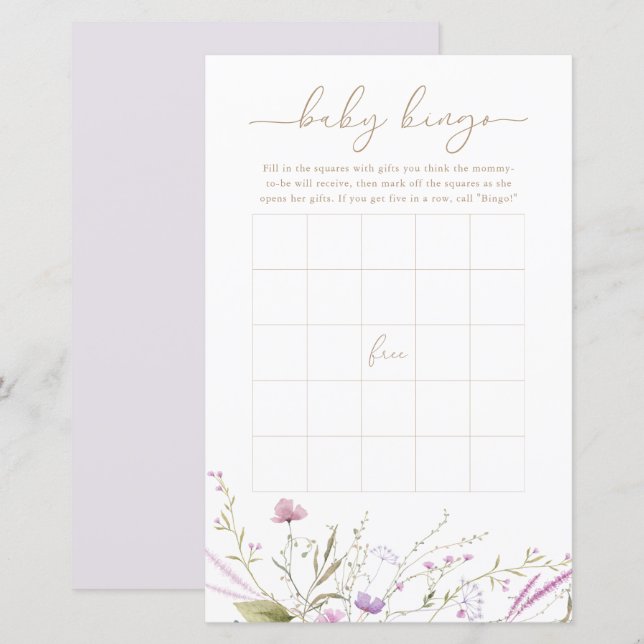 Carte de jeu fleur sauvage Meadow Baby Bingo (Devant / Derrière)