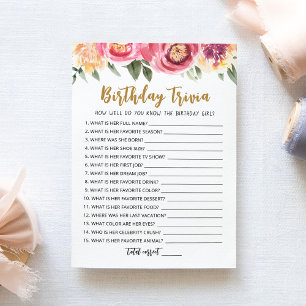 Carte de jeu modifiable pour l'anniversaire Trivia