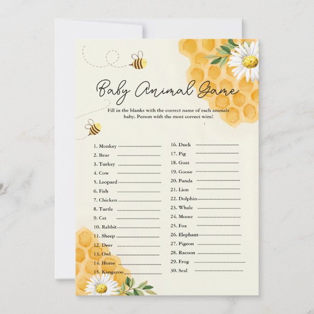Carte de jeu pour Baby Shower Bébé Animal Abeille (Devant)