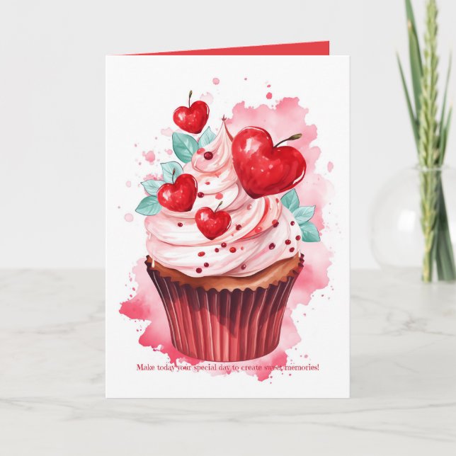 Carte de jour de Cupcake de cerises rouges Valenti (Devant)
