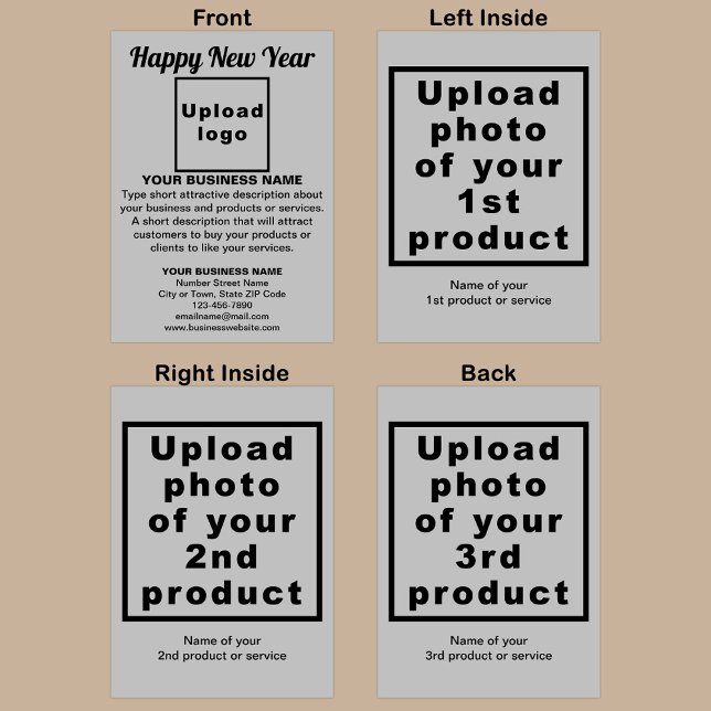 Carte de jour férié pliée gris d'affaires (Gray folded holiday card for New Year with your business brand and products or services.)