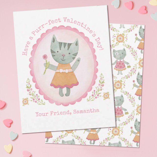 Carte de jour pour les valentines de chats mignons (A cute pink kitty cat Valentines day card. Personalize it for a Valentine's Day school gift exchange)