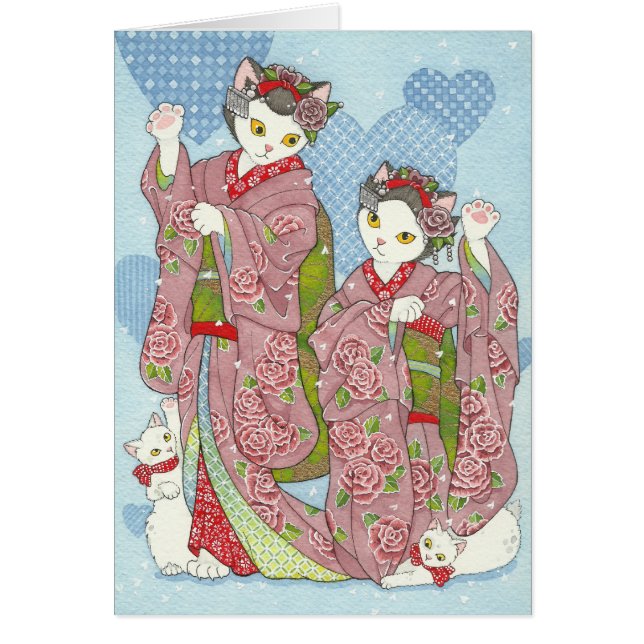 Carte de kimono de chats de danse de Maneki Neko (Devant)
