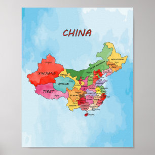 Carte de la Chine aquarelle affiche